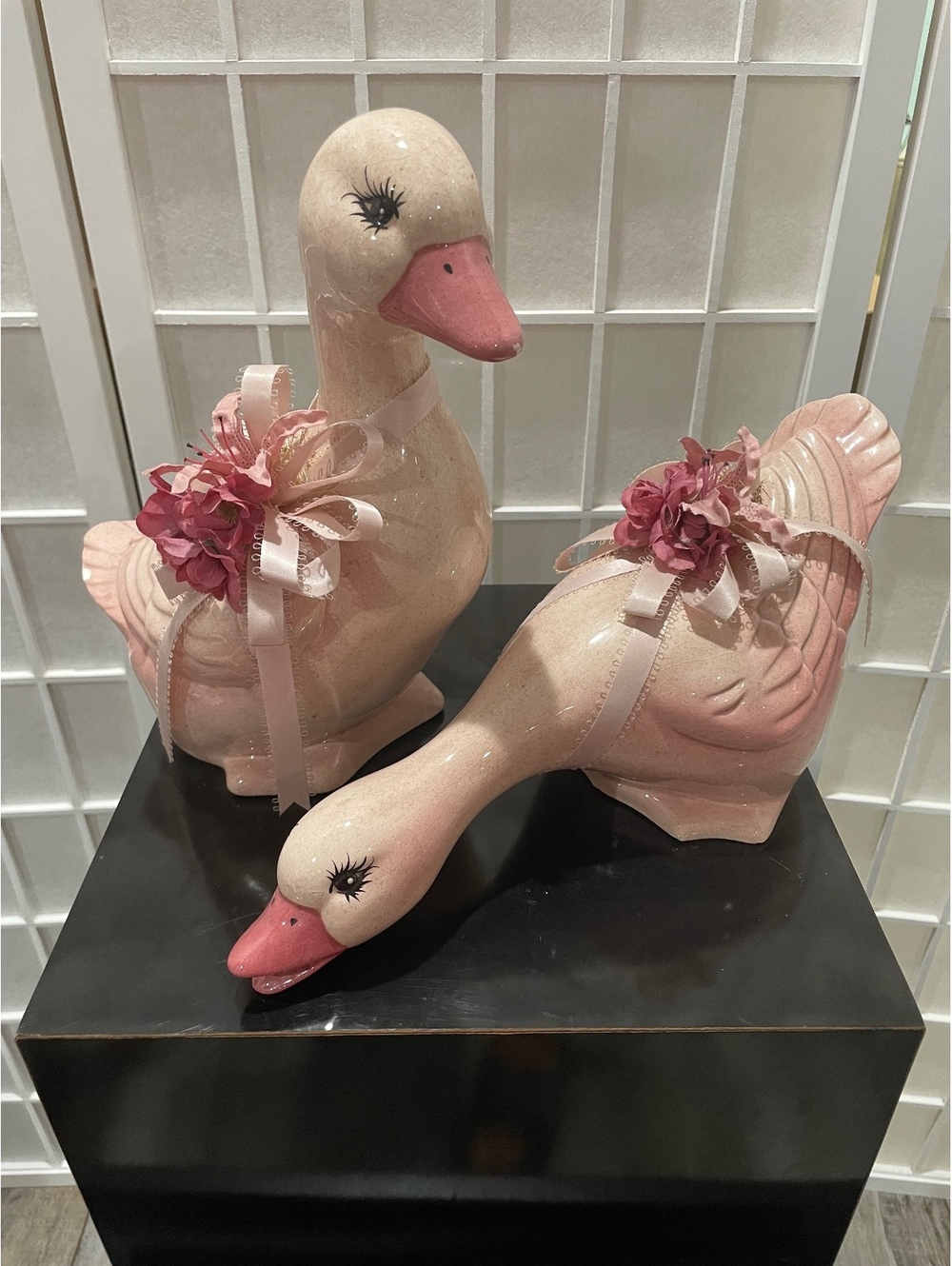 Vintage Pink Ceramic Duck Figurines with Floral Ribbon Accents